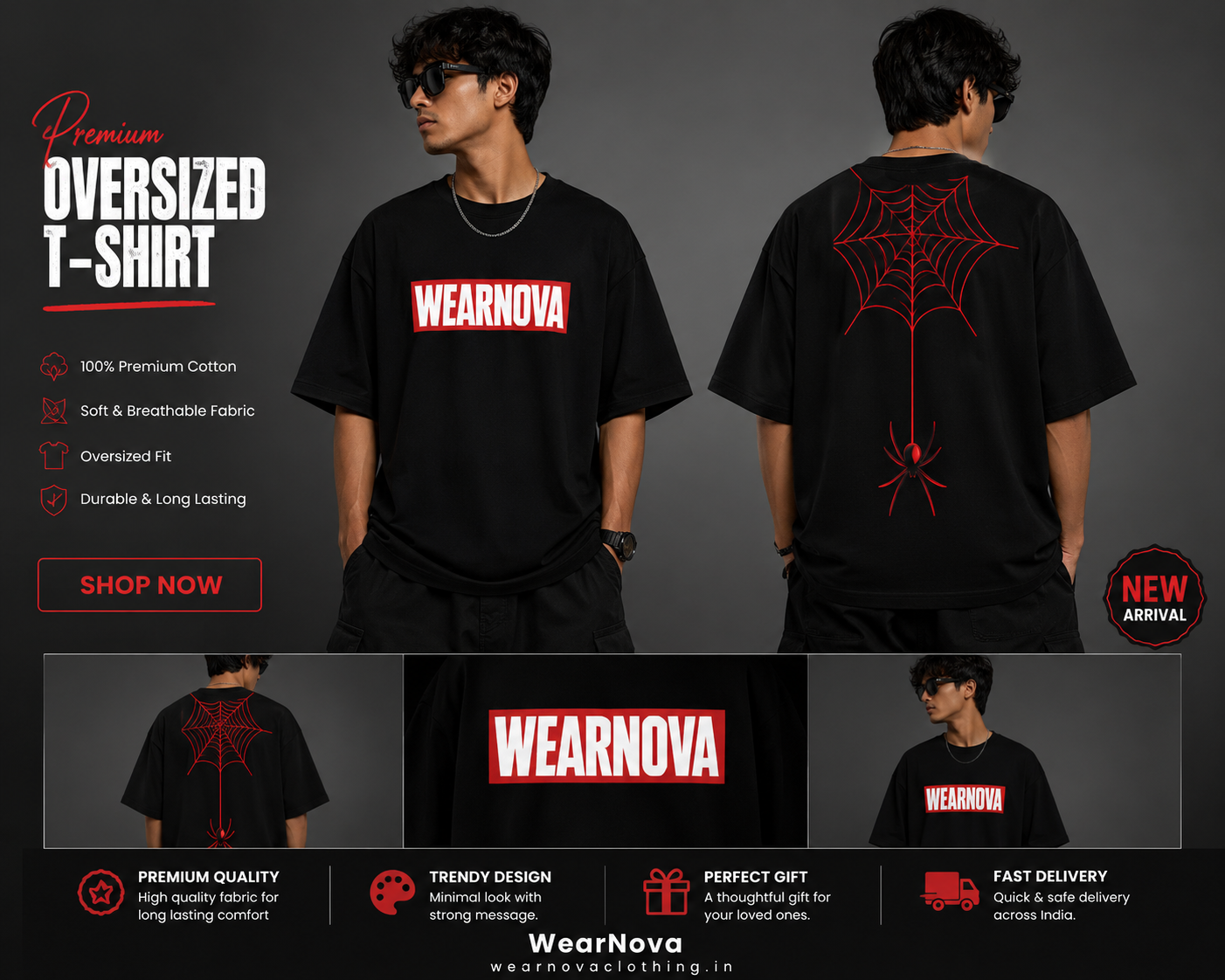 WearNova Spider Web Oversized T-Shirt for Men | Premium 100% Cotton | Black Graphic Tee