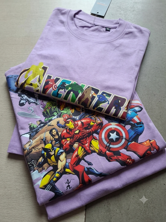 WearNova Oversized Avengers Graphic T-Shirt for Men | 240 GSM Premium Cotton | Lavender