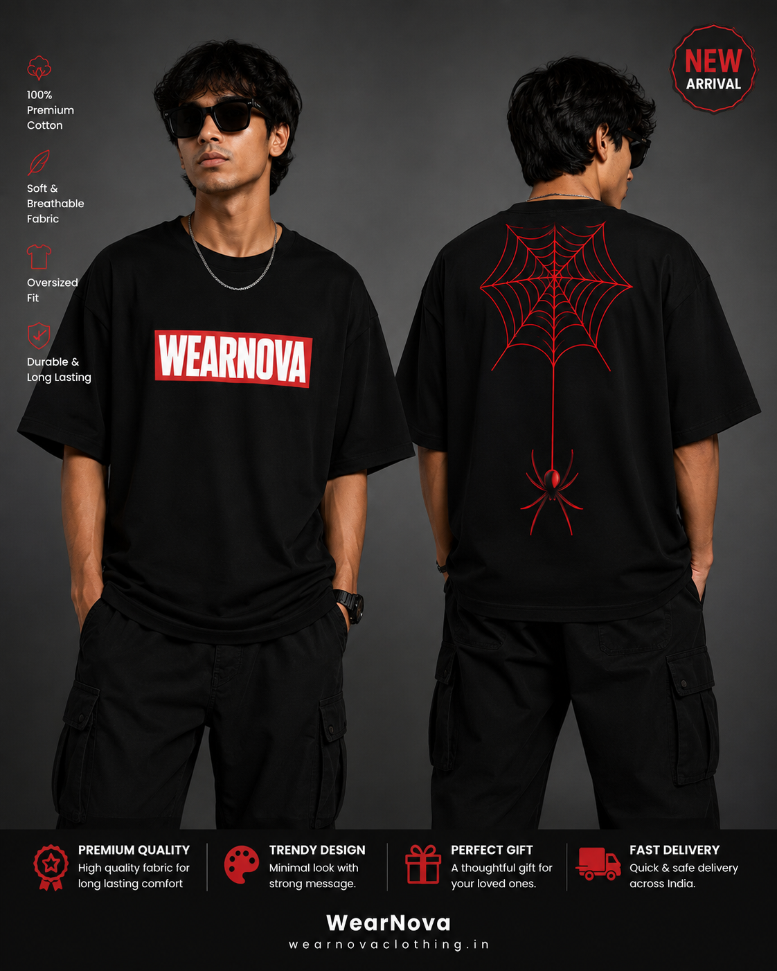 WearNova Spider Web Oversized T-Shirt for Men | Premium 100% Cotton | Black Graphic Tee