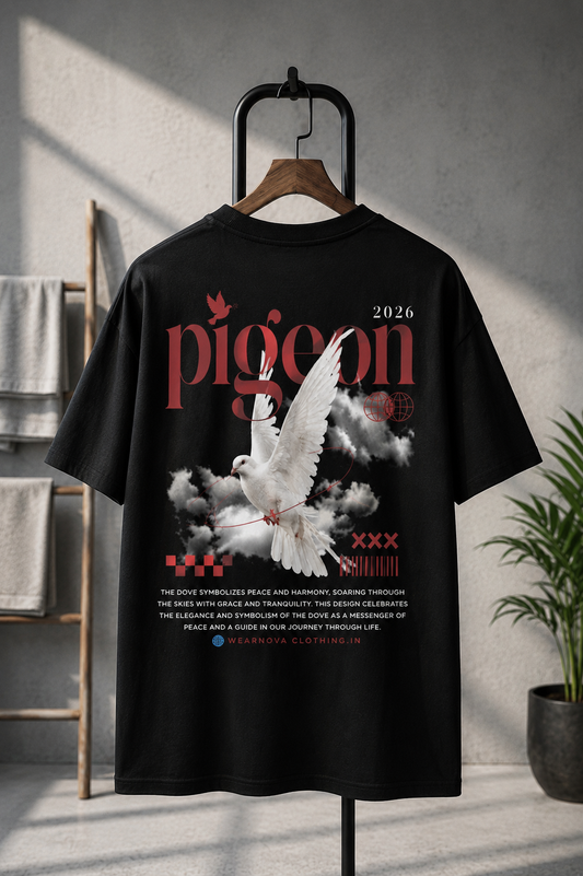 WearNova Pigeon Oversized Premium Cotton T-Shirt – Black