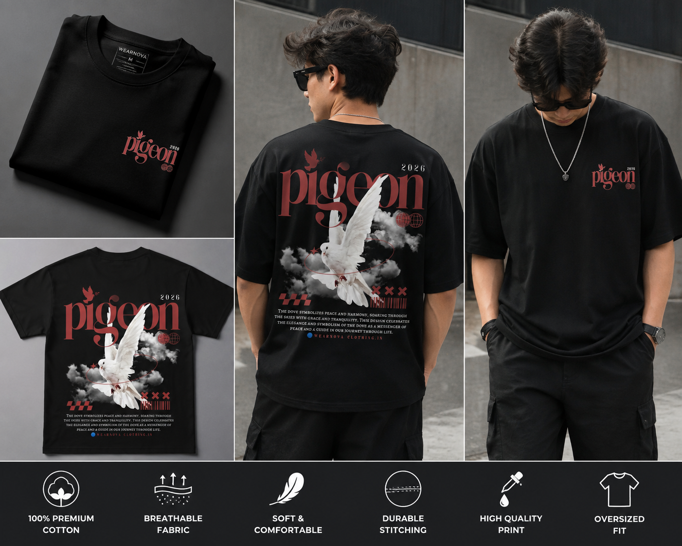WearNova Pigeon Oversized Premium Cotton T-Shirt – Black